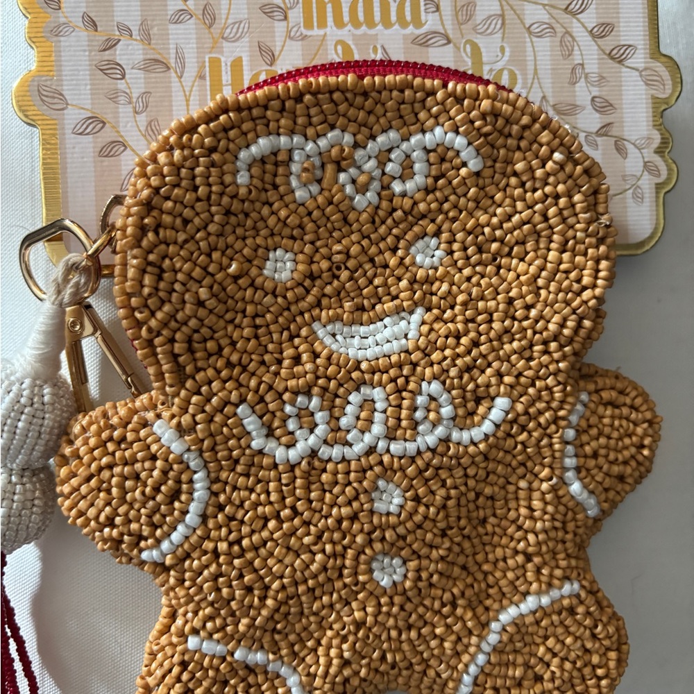 India Boutique Gingerbread Beaded Bag - Tan and White